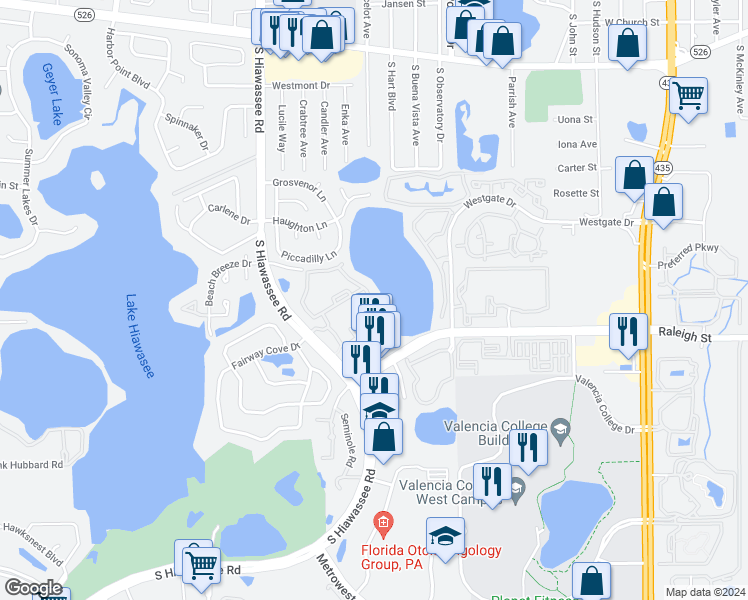 map of restaurants, bars, coffee shops, grocery stores, and more near 1071 South Hiawassee Road in Orlando