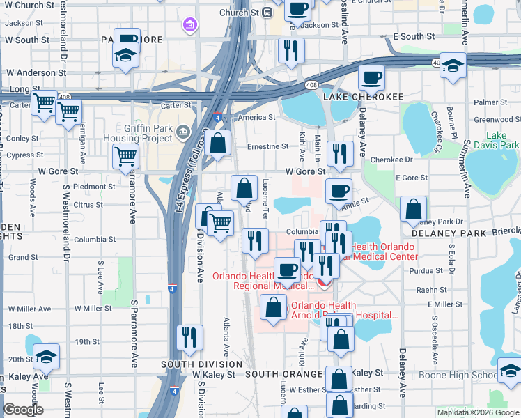 map of restaurants, bars, coffee shops, grocery stores, and more near in Orlando