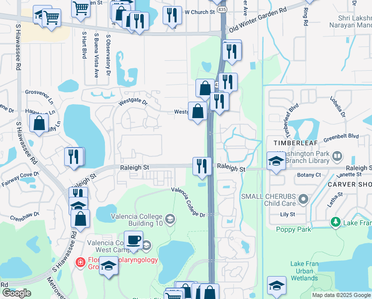 map of restaurants, bars, coffee shops, grocery stores, and more near 5915 Raleigh Street in Orlando
