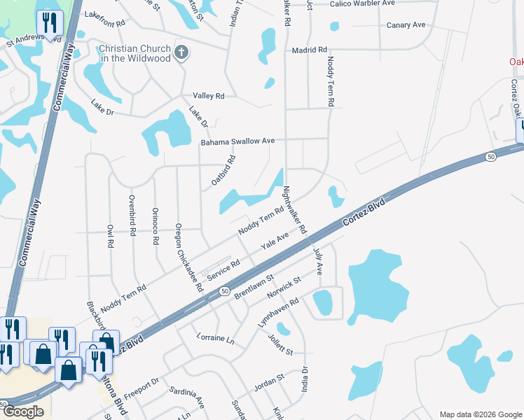 map of restaurants, bars, coffee shops, grocery stores, and more near 10237 Noddy Tern Road in Brooksville