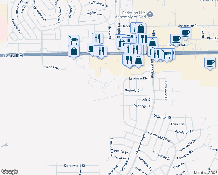 map of restaurants, bars, coffee shops, grocery stores, and more near 7030 Evergreen Woods Trail in Spring Hill