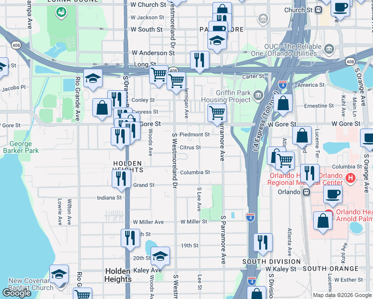 map of restaurants, bars, coffee shops, grocery stores, and more near 1104 South Lee Avenue in Orlando