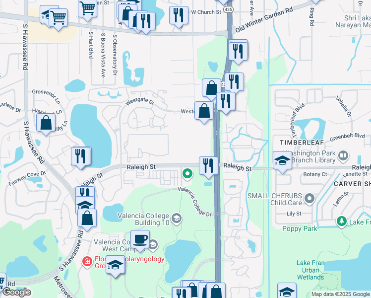 map of restaurants, bars, coffee shops, grocery stores, and more near 5897 Raleigh Street in Orlando