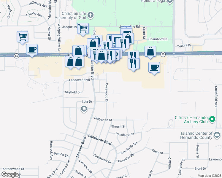 map of restaurants, bars, coffee shops, grocery stores, and more near 13126 Tara Street in Spring Hill