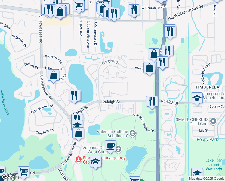 map of restaurants, bars, coffee shops, grocery stores, and more near 6101 Raleigh Street in Orlando