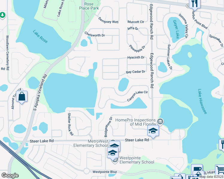 map of restaurants, bars, coffee shops, grocery stores, and more near 7925 Canyon Lake Circle in Orlando