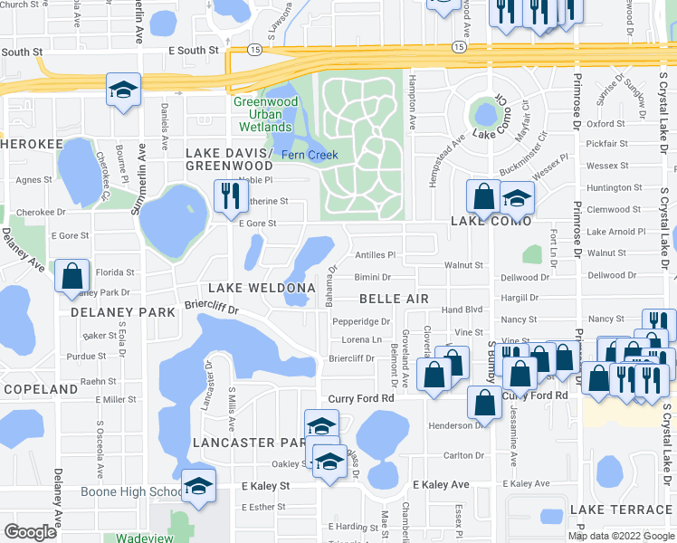 map of restaurants, bars, coffee shops, grocery stores, and more near 1700 Antilles Place in Orlando