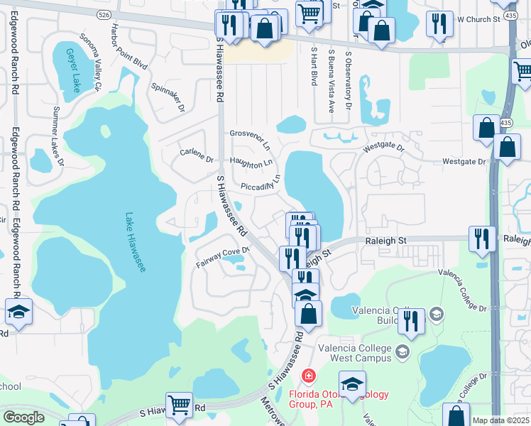 map of restaurants, bars, coffee shops, grocery stores, and more near 1043 South Hiawassee Road in Orlando