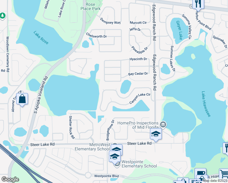 map of restaurants, bars, coffee shops, grocery stores, and more near 7925 Canyon Lake Circle in Orlando