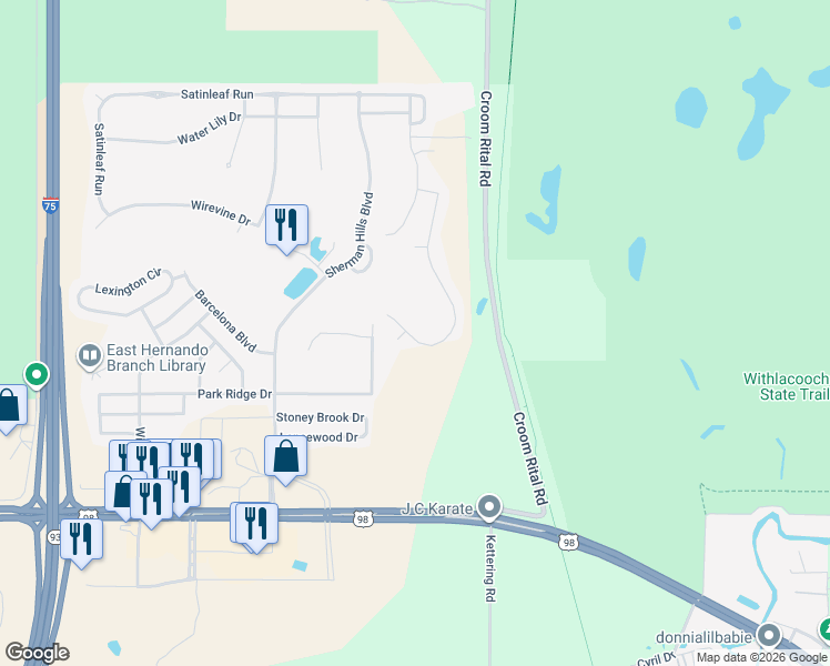 map of restaurants, bars, coffee shops, grocery stores, and more near 6555 Redbay Drive in Brooksville