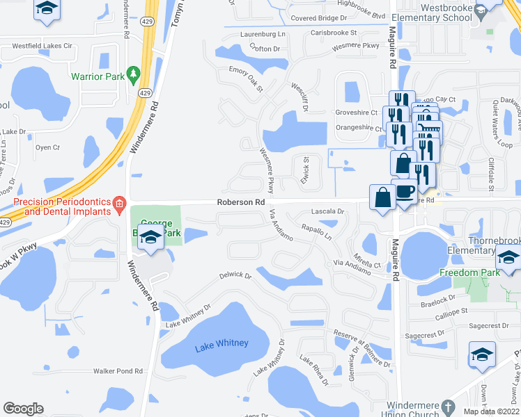 map of restaurants, bars, coffee shops, grocery stores, and more near 481 Mickleton Loop in Ocoee