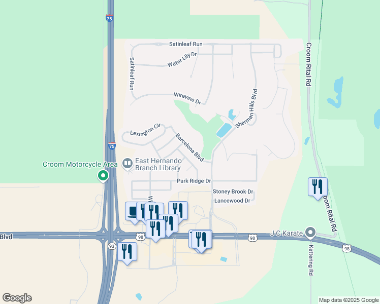 map of restaurants, bars, coffee shops, grocery stores, and more near 6527 Barcelona Boulevard in Brooksville