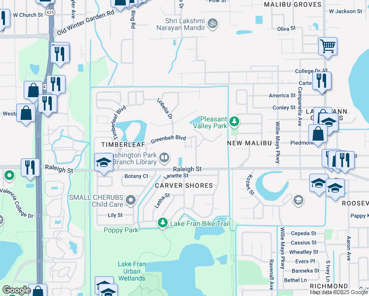 map of restaurants, bars, coffee shops, grocery stores, and more near 900 Loquat Tree Road in Orlando