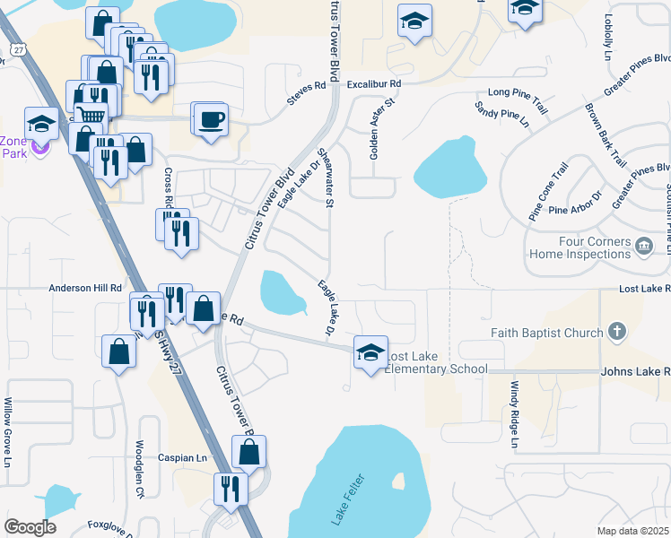 map of restaurants, bars, coffee shops, grocery stores, and more near 2773 Shearwater Street in Clermont