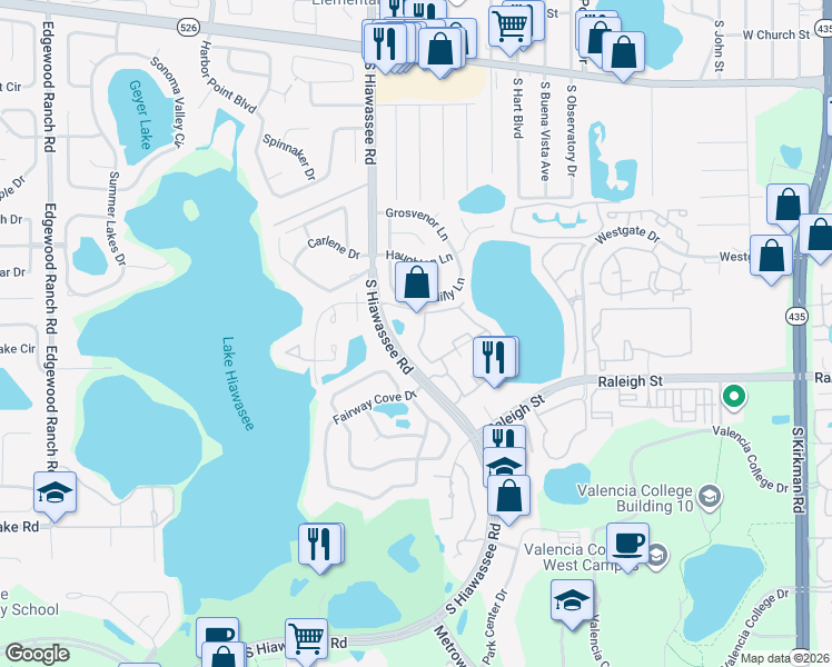 map of restaurants, bars, coffee shops, grocery stores, and more near 1013 South Hiawassee Road in Orlando