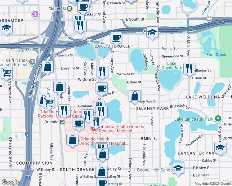 map of restaurants, bars, coffee shops, grocery stores, and more near 1050 Delaney Avenue in Orlando