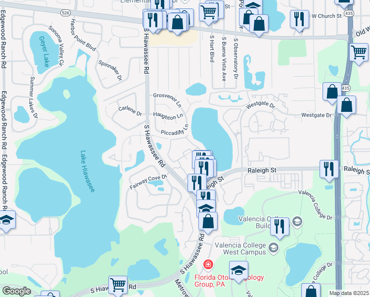 map of restaurants, bars, coffee shops, grocery stores, and more near 1043 South Hiawassee Road in Orlando