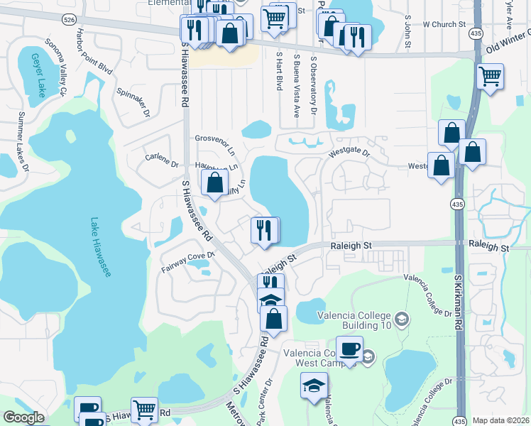 map of restaurants, bars, coffee shops, grocery stores, and more near 1065 South Hiawassee Road in Orlando
