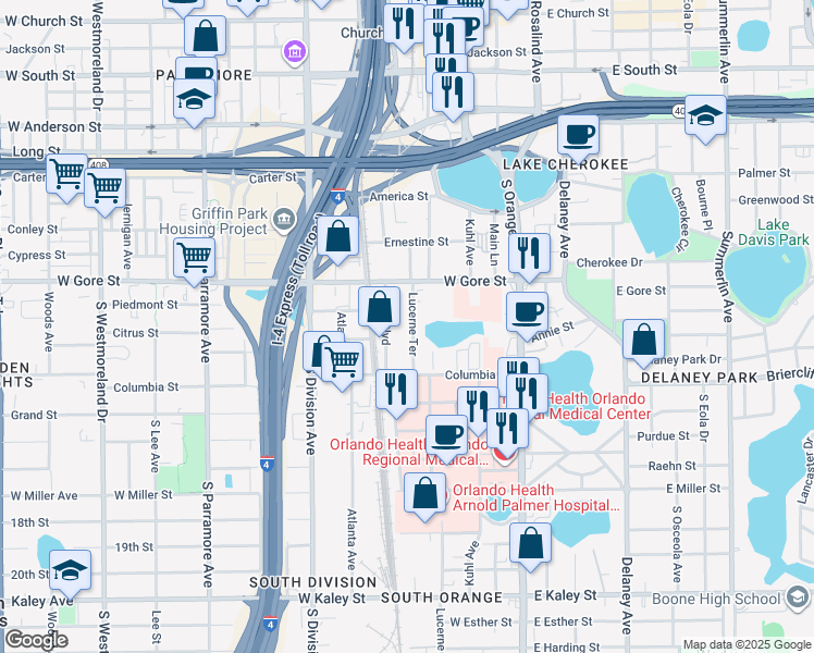 map of restaurants, bars, coffee shops, grocery stores, and more near 1012 Lucerne Terrace in Orlando