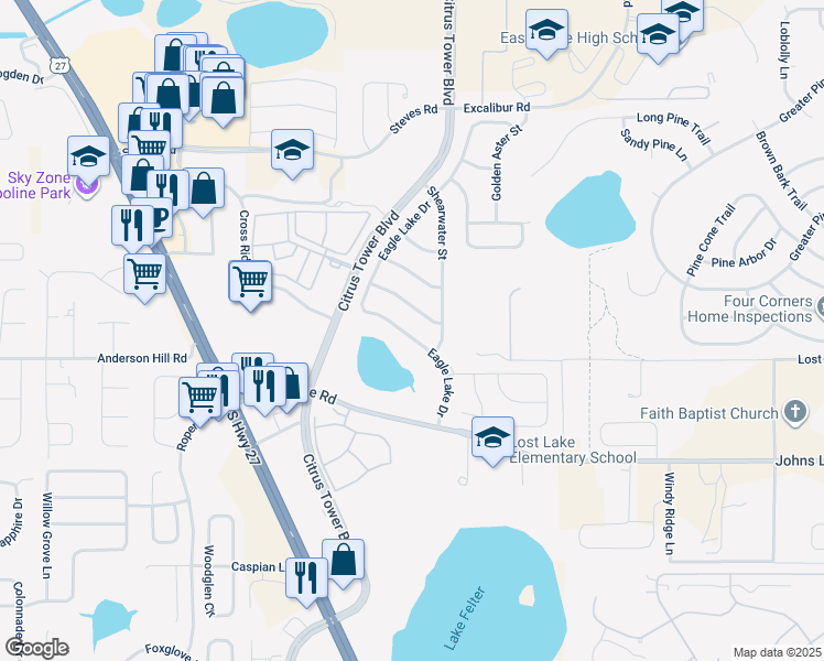 map of restaurants, bars, coffee shops, grocery stores, and more near 2799 Eagle Lake Drive in Clermont