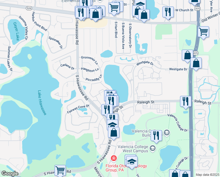 map of restaurants, bars, coffee shops, grocery stores, and more near 1065 South Hiawassee Road in Orlando