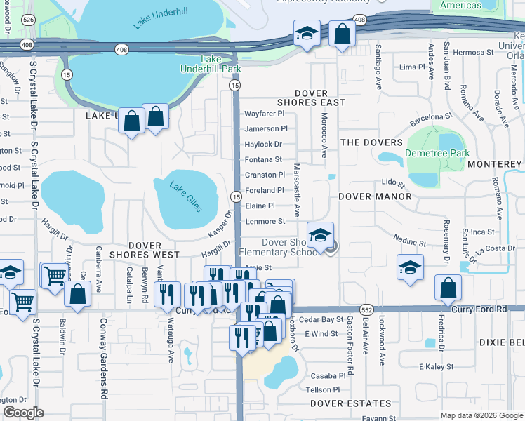 map of restaurants, bars, coffee shops, grocery stores, and more near 4511 Elaine Place in Orlando