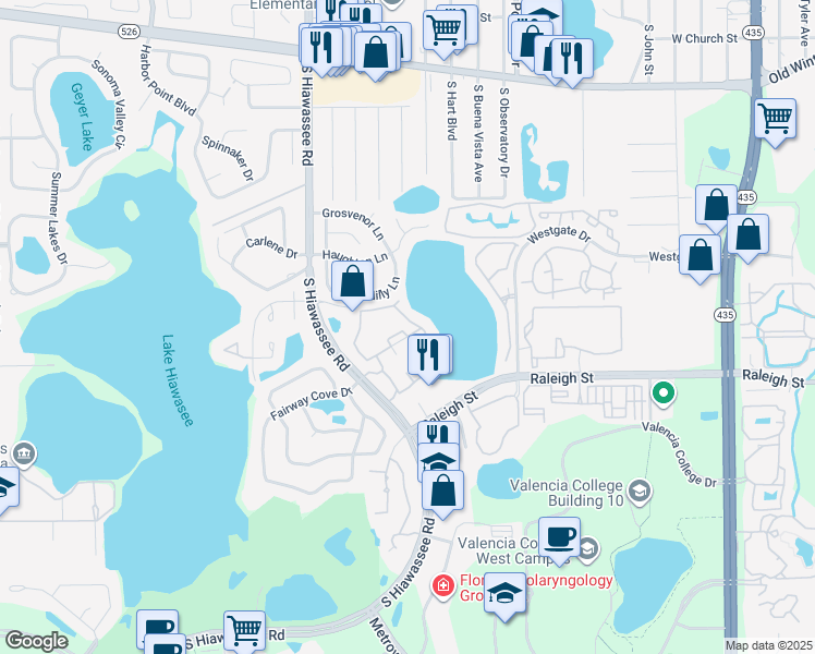 map of restaurants, bars, coffee shops, grocery stores, and more near 1043 South Hiawassee Road in Orlando