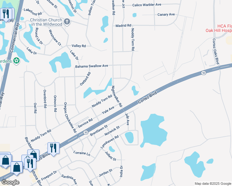 map of restaurants, bars, coffee shops, grocery stores, and more near 10300 Noddy Tern Road in Brooksville