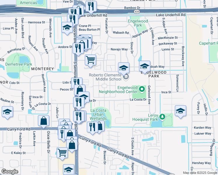 map of restaurants, bars, coffee shops, grocery stores, and more near 1069 Mancha Real Drive in Orlando
