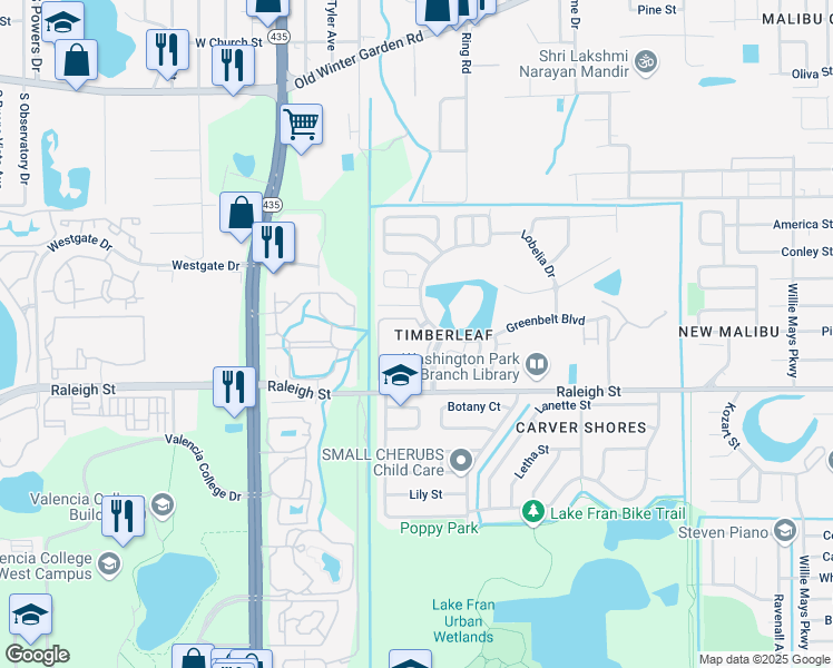 map of restaurants, bars, coffee shops, grocery stores, and more near 5435 Timberleaf Boulevard in Orlando