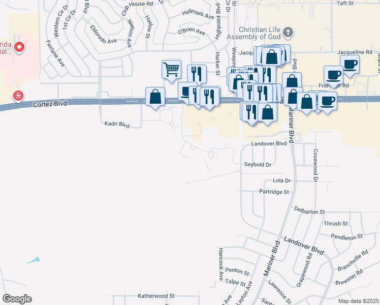 map of restaurants, bars, coffee shops, grocery stores, and more near 7045 Evergreen Woods Trail in Spring Hill