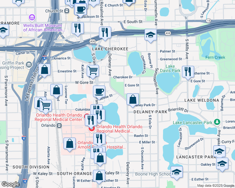 map of restaurants, bars, coffee shops, grocery stores, and more near 1050 Delaney Avenue in Orlando