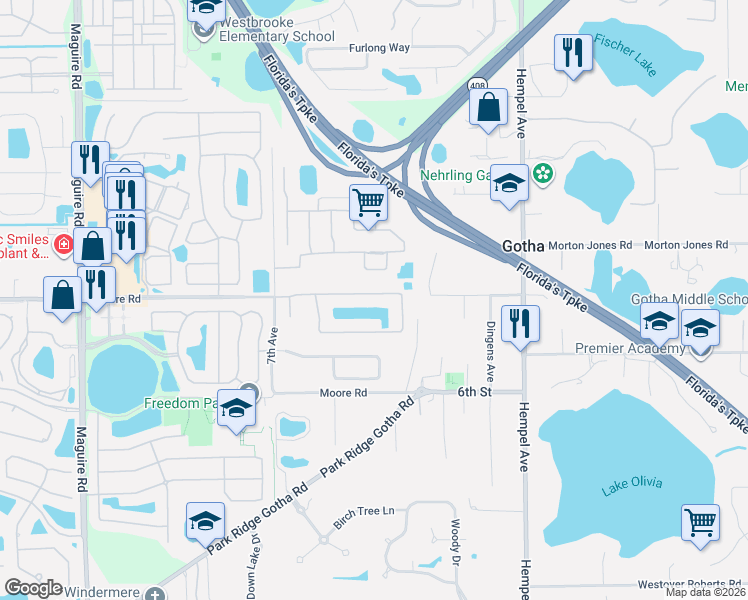 map of restaurants, bars, coffee shops, grocery stores, and more near 10550 Oakview Pointe Terrace in Gotha