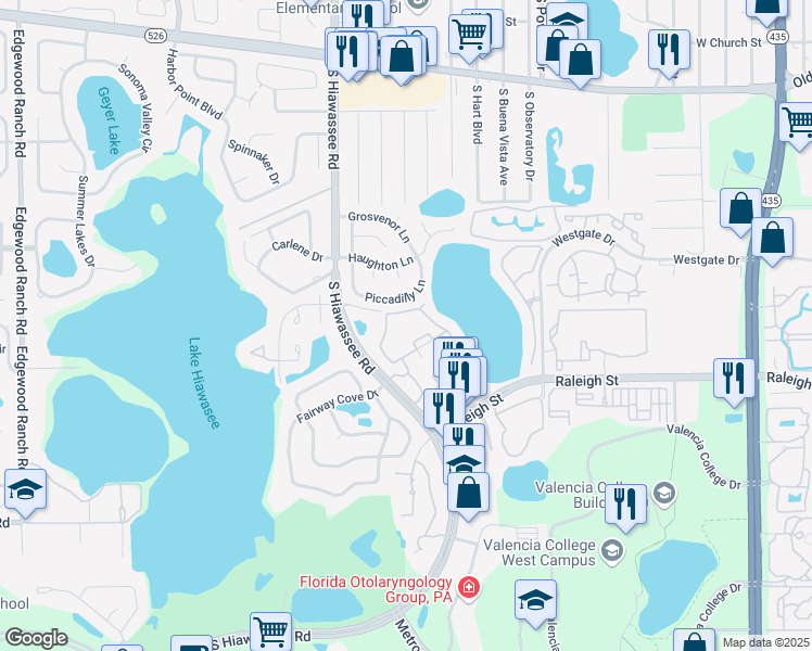 map of restaurants, bars, coffee shops, grocery stores, and more near 1043 South Hiawassee Road in Orlando