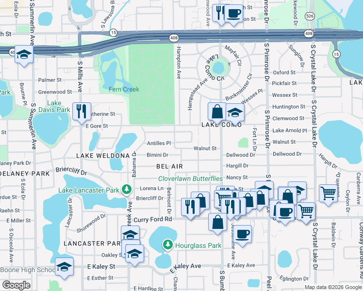 map of restaurants, bars, coffee shops, grocery stores, and more near 2235 Santa Antilles Road in Orlando