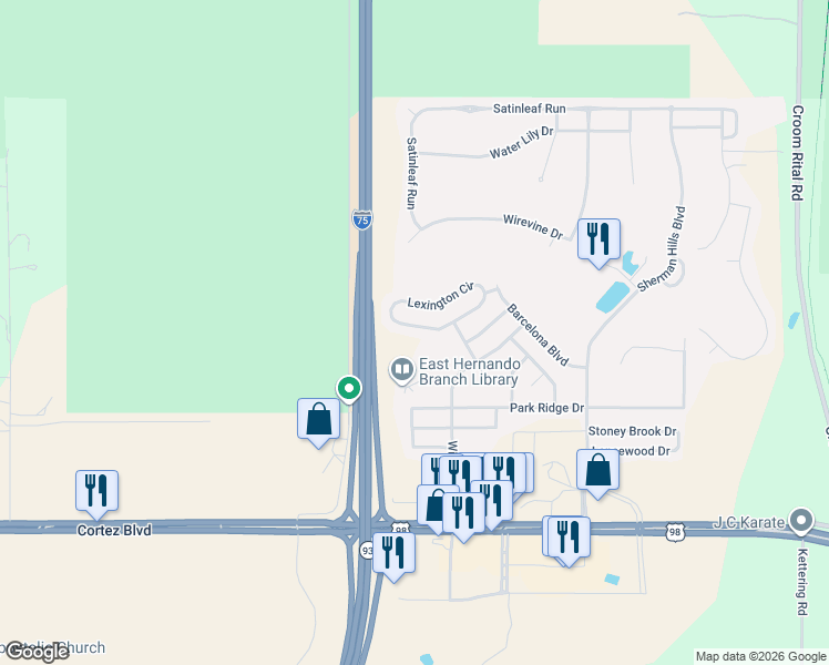 map of restaurants, bars, coffee shops, grocery stores, and more near 7170 Lexington Circle in Brooksville