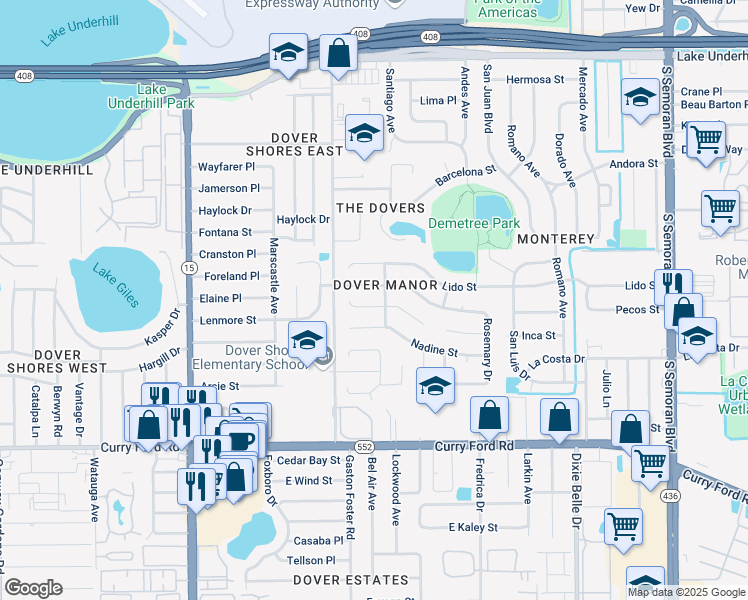 map of restaurants, bars, coffee shops, grocery stores, and more near 5100 Andrea Boulevard in Orlando