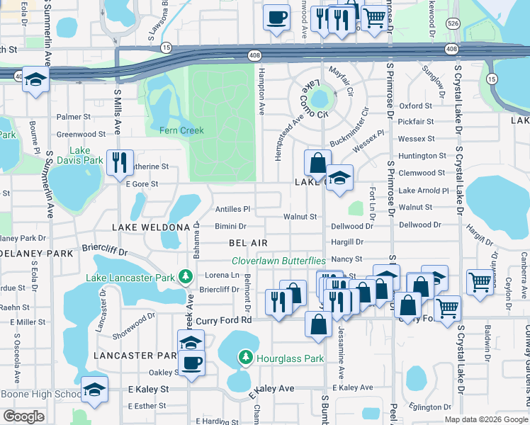 map of restaurants, bars, coffee shops, grocery stores, and more near 2235 Santa Antilles Road in Orlando