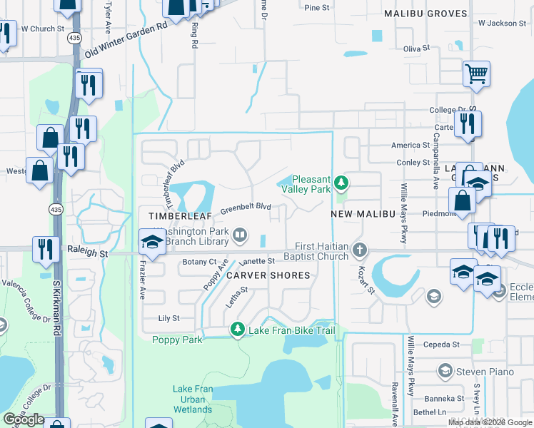 map of restaurants, bars, coffee shops, grocery stores, and more near 900 Loquat Tree Road in Orlando