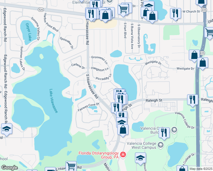map of restaurants, bars, coffee shops, grocery stores, and more near 1043 South Hiawassee Road in Orlando