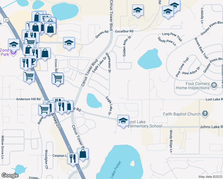 map of restaurants, bars, coffee shops, grocery stores, and more near 2777 Shearwater Street in Clermont