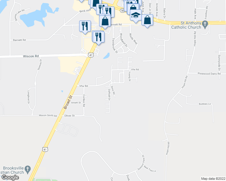 map of restaurants, bars, coffee shops, grocery stores, and more near 7206 Daffodil Drive in Brooksville