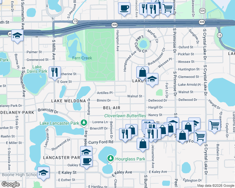 map of restaurants, bars, coffee shops, grocery stores, and more near 2235 Santa Antilles Road in Orlando