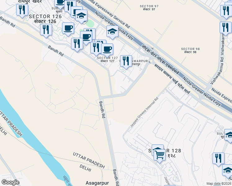 map of restaurants, bars, coffee shops, grocery stores, and more near Noida Greater Noida Express Way in Noida