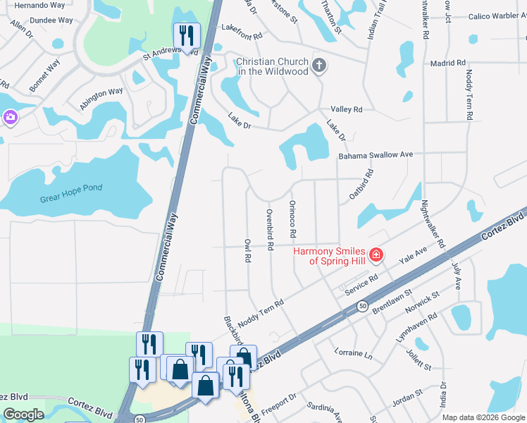 map of restaurants, bars, coffee shops, grocery stores, and more near 7071 Ovenbird Road in Spring Hill