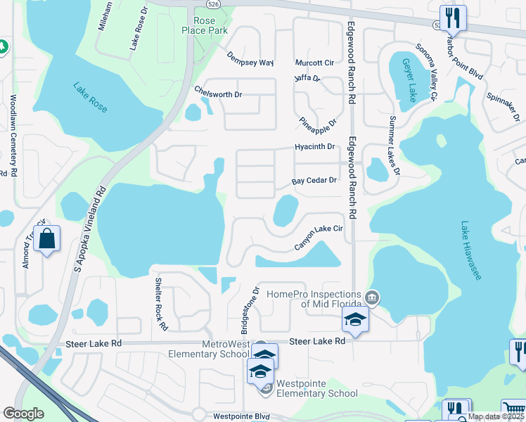 map of restaurants, bars, coffee shops, grocery stores, and more near 7925 Canyon Lake Circle in Orlando