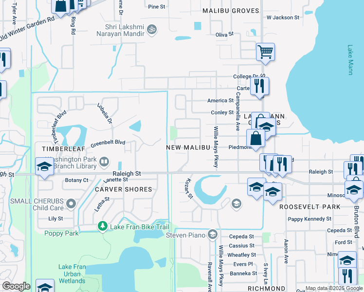 map of restaurants, bars, coffee shops, grocery stores, and more near 4699 Piedmont Court in Orlando