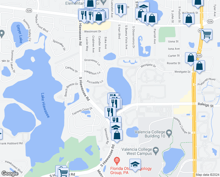 map of restaurants, bars, coffee shops, grocery stores, and more near 1065 South Hiawassee Road in Orlando