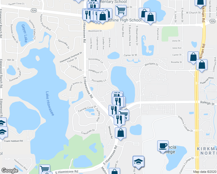 map of restaurants, bars, coffee shops, grocery stores, and more near 1043 South Hiawassee Road in Orlando