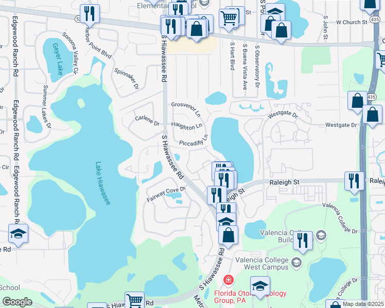 map of restaurants, bars, coffee shops, grocery stores, and more near 1013 South Hiawassee Road in Orlando